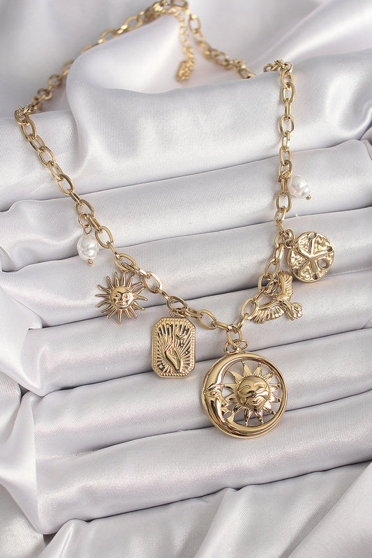 316L Steel Gold Color Ring Chain Pendant Moon Sun Figure Bird Detail Women's Necklace