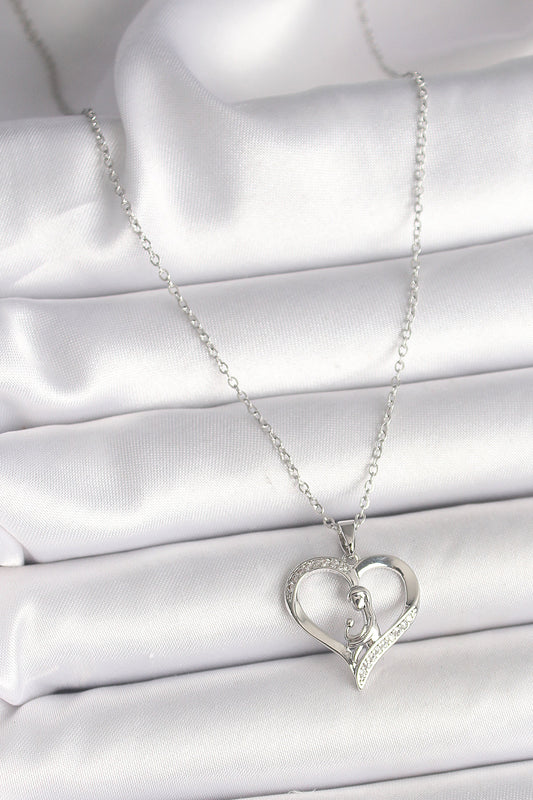 316L Steel Silver Color Chain Zircon Stone Detailed Heart Model Women's Necklace