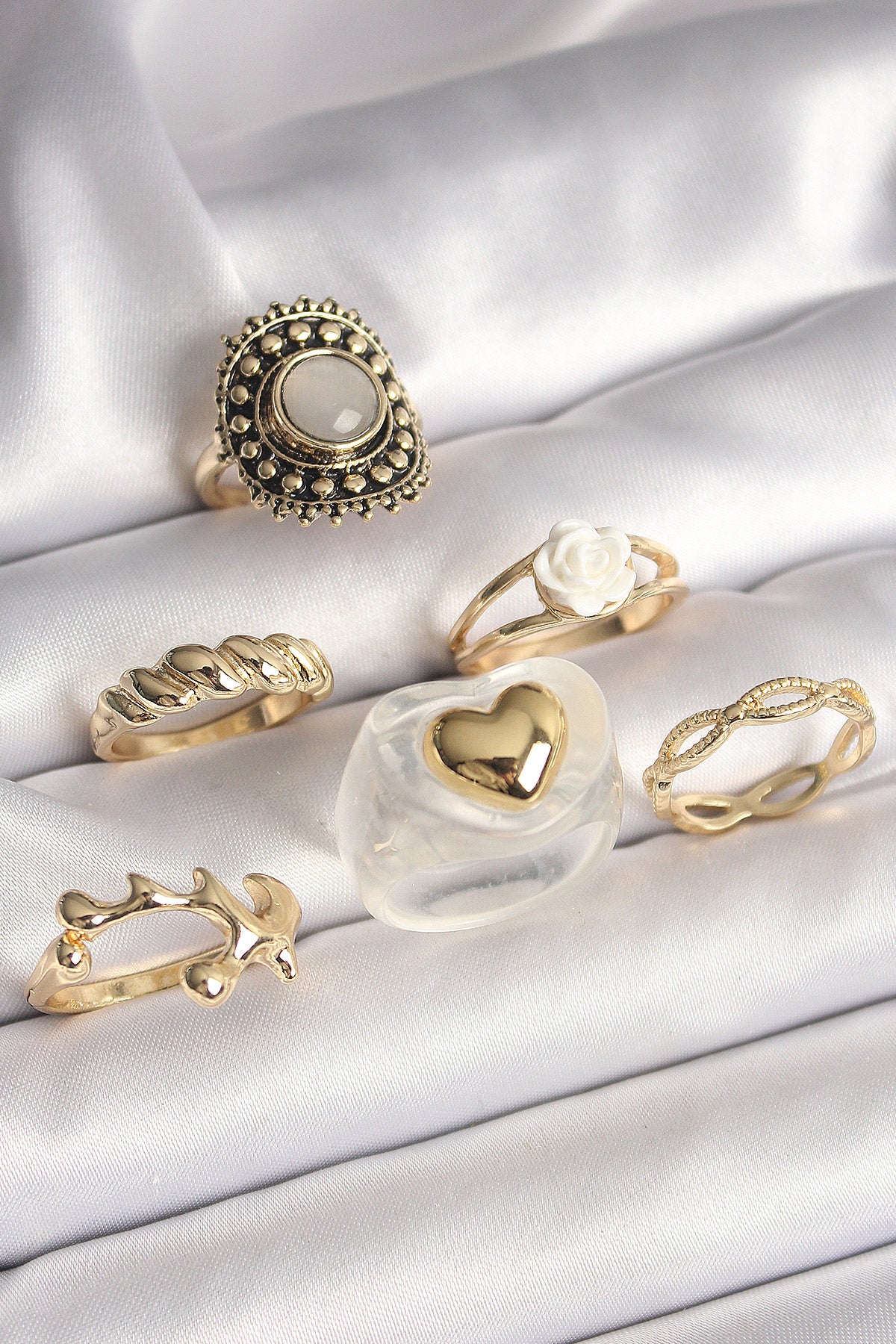 Brass Gold Color White Rose Figure Heart Embroidered Spiral Detail 6-Piece Women's Ring Set
