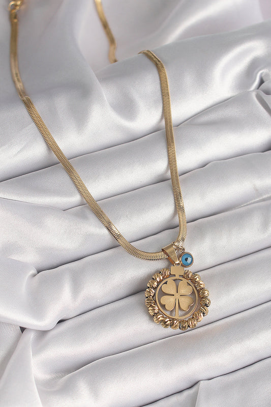 316L Steel Gold Color Italian Chain Dorika Clover Model Evil Eye Bead Detail Women's Necklace