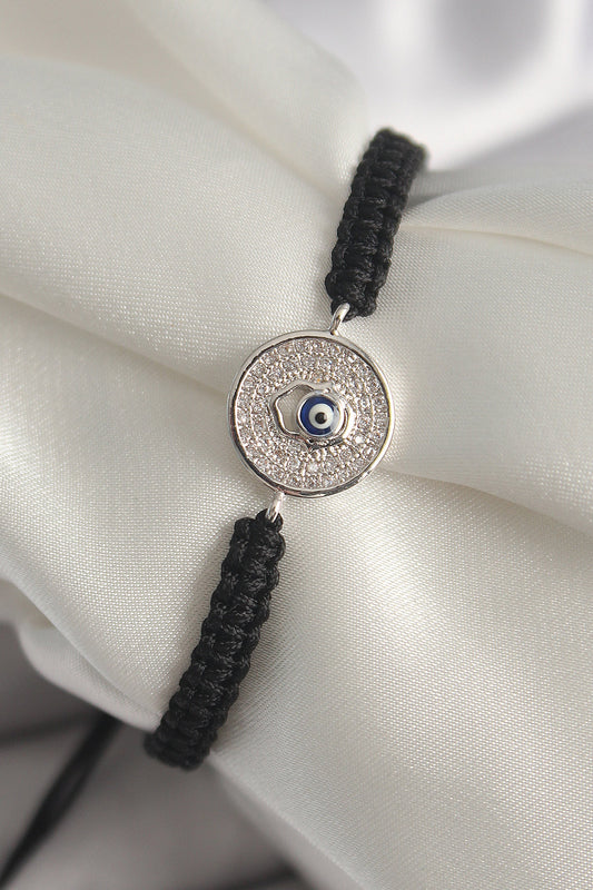 Brass Silver Color Zircon Stone Evil Eye Bead Embroidery Macrame Lift Model Women's Bracelet