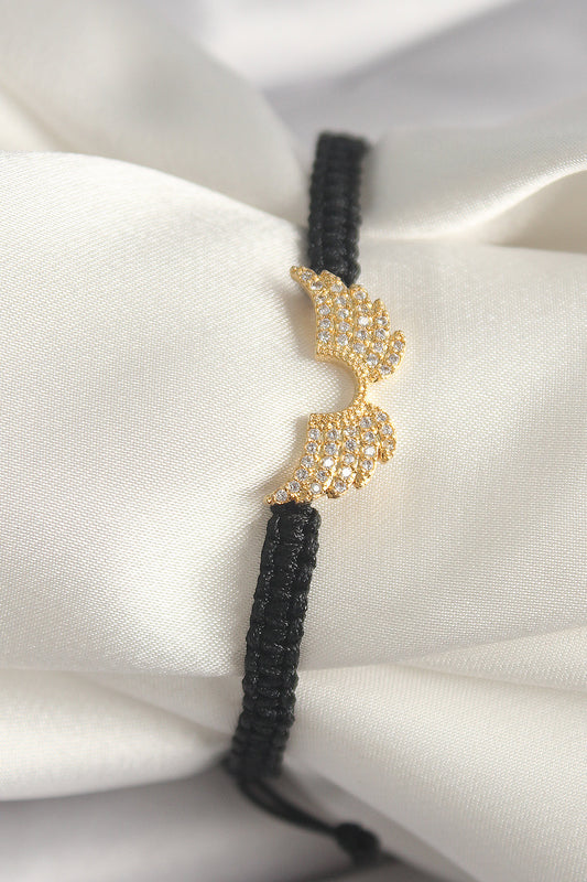 Pirinç Gold Renk Zirkon Taşlı Kanat Figür Asansörlü Makrome Model Kadın Bileklik