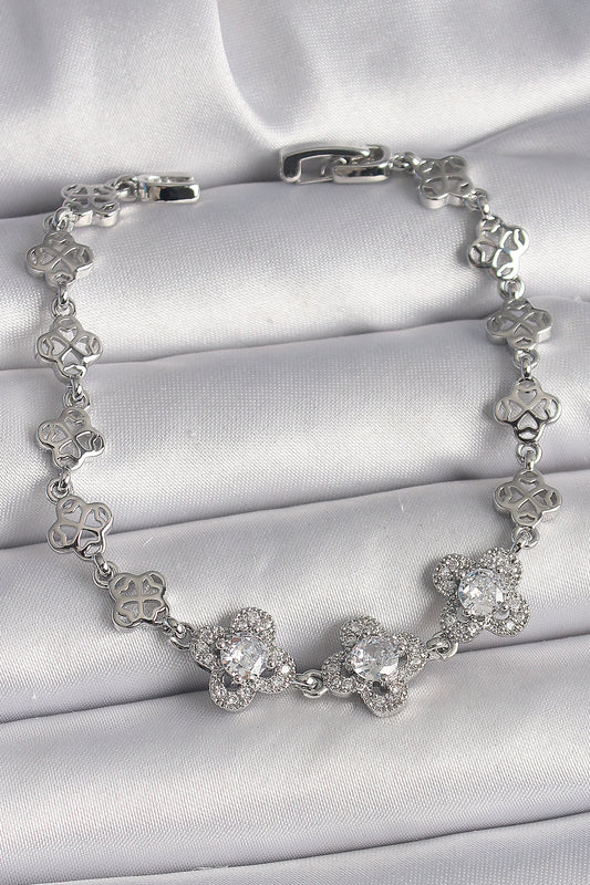 Brass Silver Color Zircon Stone Clover Model Women's Bracelet