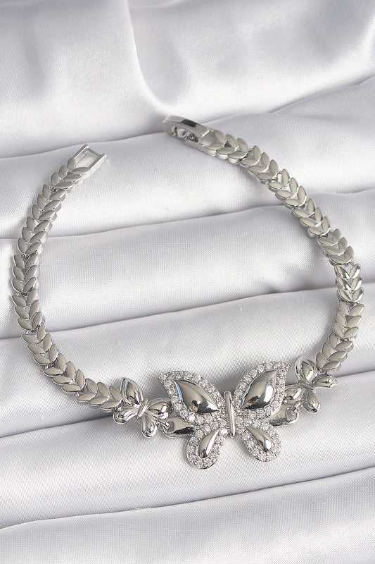 Pirinç Gümüş Renk Zirkon Taşlı Kelebek Model Kadın Bileklik