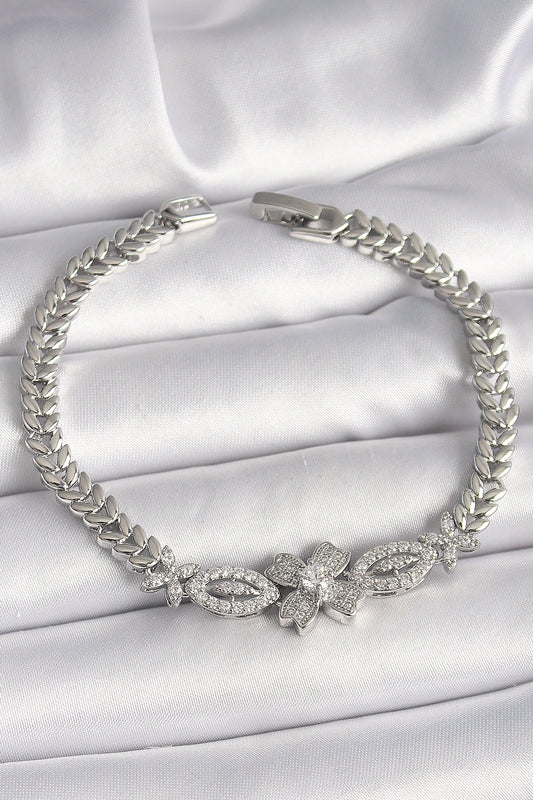 Brass Silver Color Zircon Stone Flower Figure Barley Chain Model Women's Bracelet