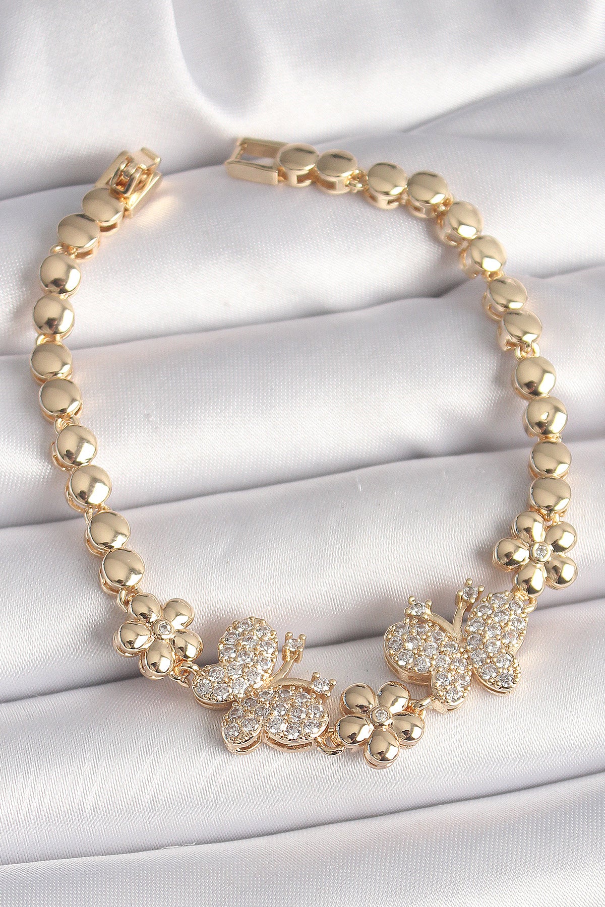 Pirinç Gold Renk Zirkon Taşlı Kelebek Figür Çiçek Zincir Model Kadın Bileklik