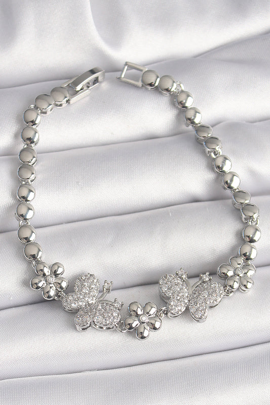 Pirinç Gümüş Renk Zirkon Taşlı Kelebek Figür Çiçek Zincir Model Kadın Bileklik