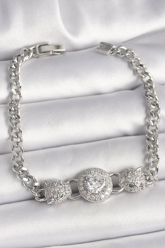 Brass Silver Color Zircon Stone Leopard Figure Chain Model Women's Bracelet