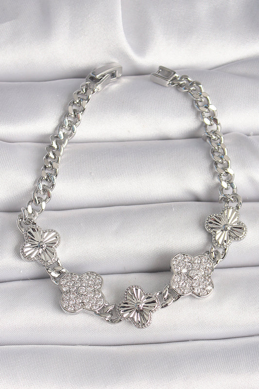 Brass Silver Color Chain Clover Model Women's Bracelet