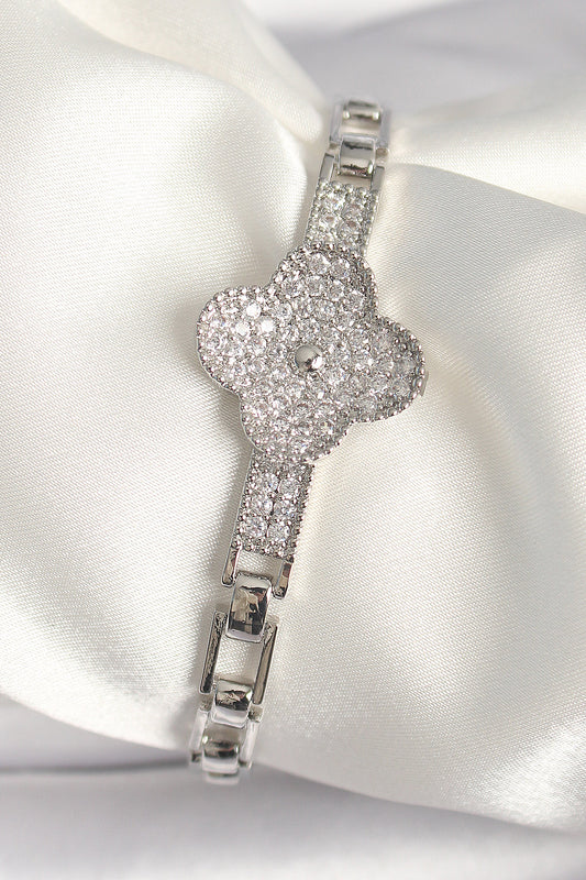Brass Silver Color Zircon Stone Clover Model Women's Bracelet