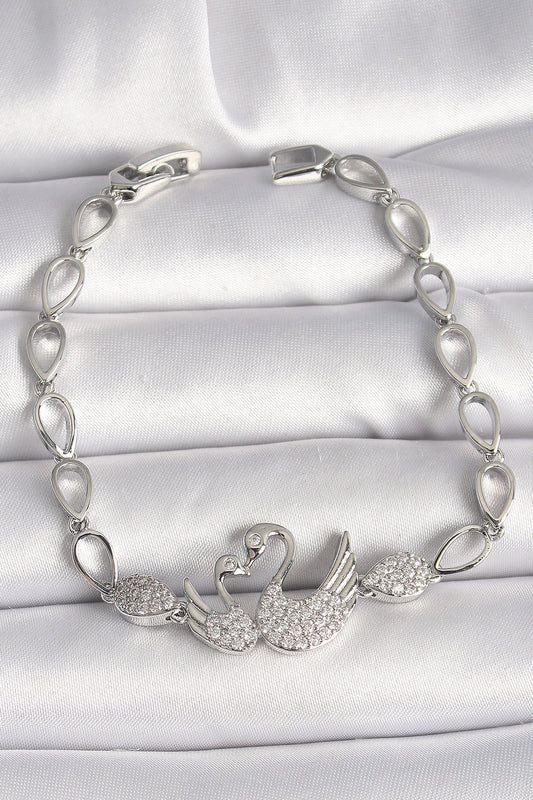 Brass Silver Color Zircon Stone Swan Figure Drop Chain Model Women's Bracelet