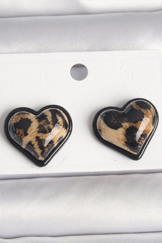 Brass Black Color Leopard Pattern 3D Heart Model Women's Earrings