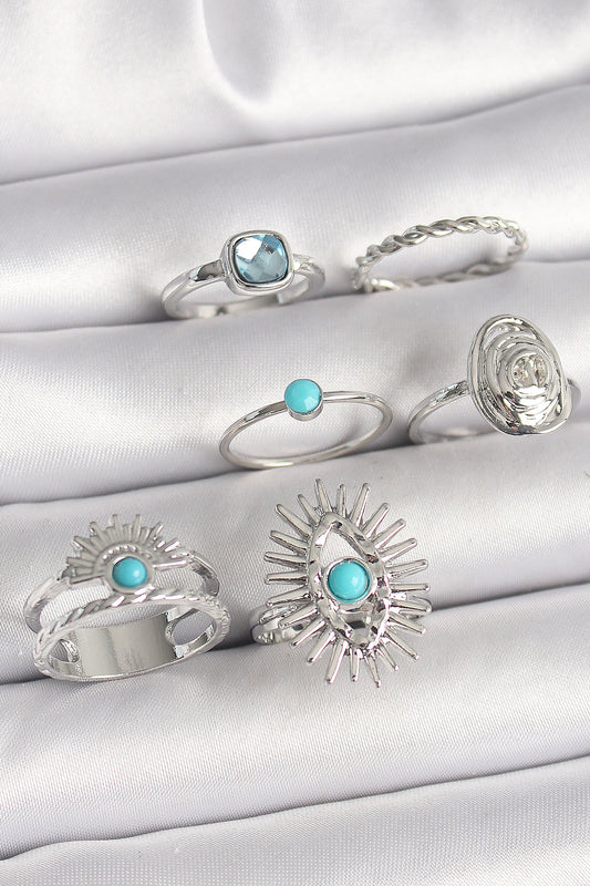 Pirinç Gümüş Renk Mavi Taşlı Kare Zirkon Taş Detaylı Kadın Yüzük Kombini