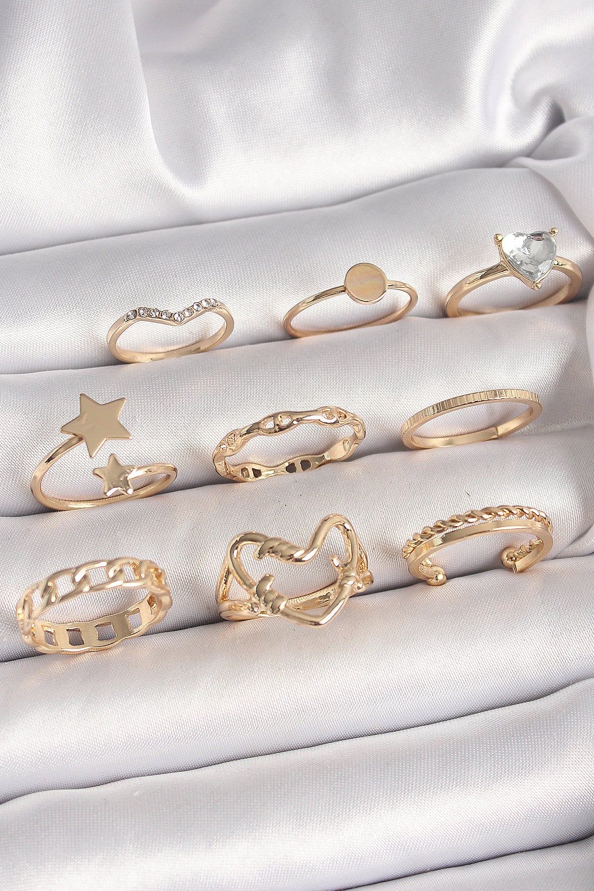 Pirinç Gold Renk Zirkon Taş Detaylı Kalp Yıldız Figür Kadın Yüzük Kombini