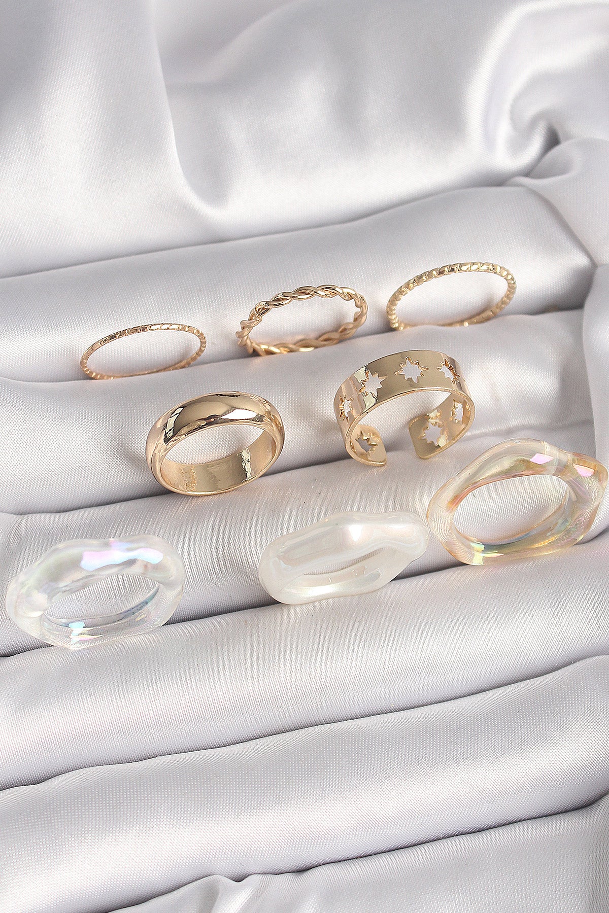 Brass Gold Color White Acrylic Plastic Model Pole Star Embroidery Detail Women's Ring Combination