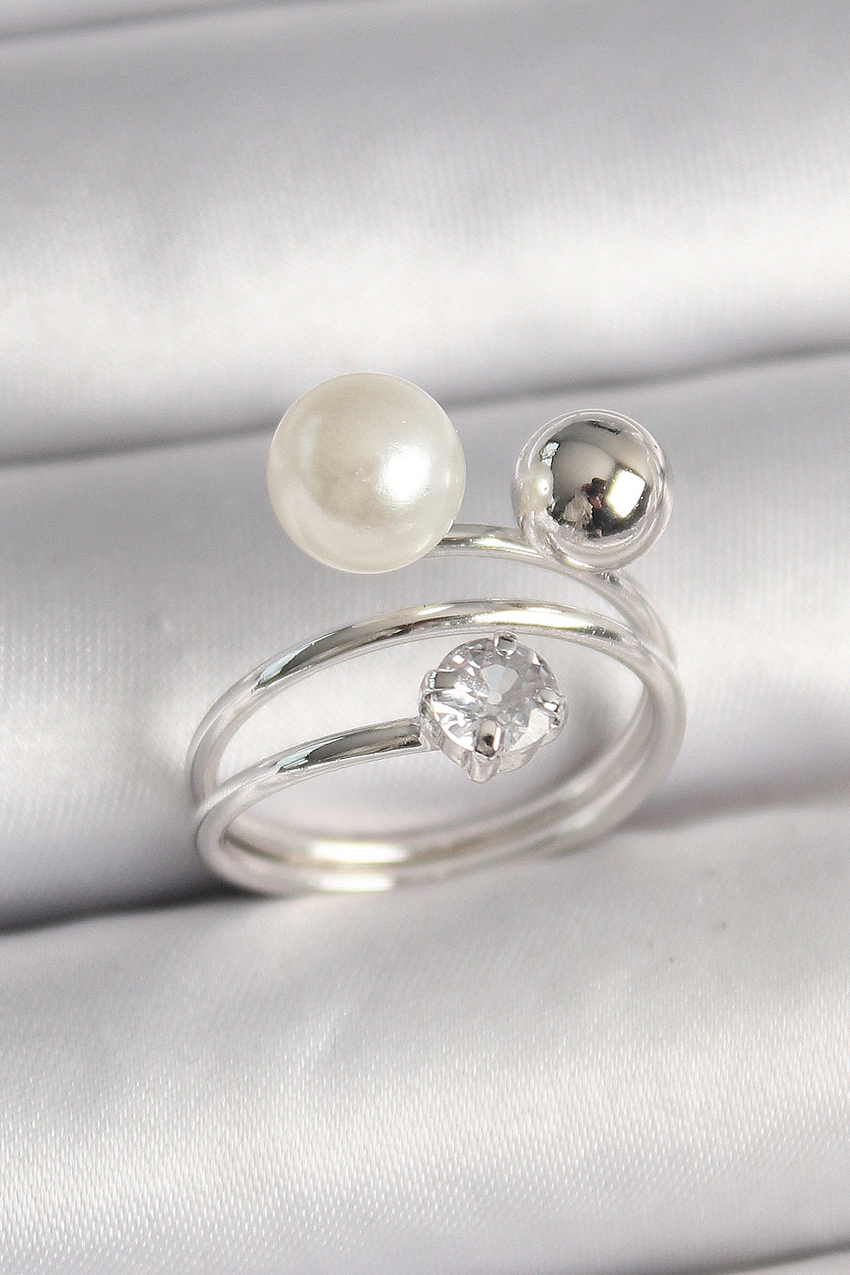 Brass Silver Color Zircon Stone Ball Pearl Model Women's Ring
