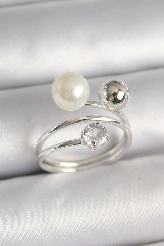 Brass Silver Color Zircon Stone Ball Pearl Model Women's Ring
