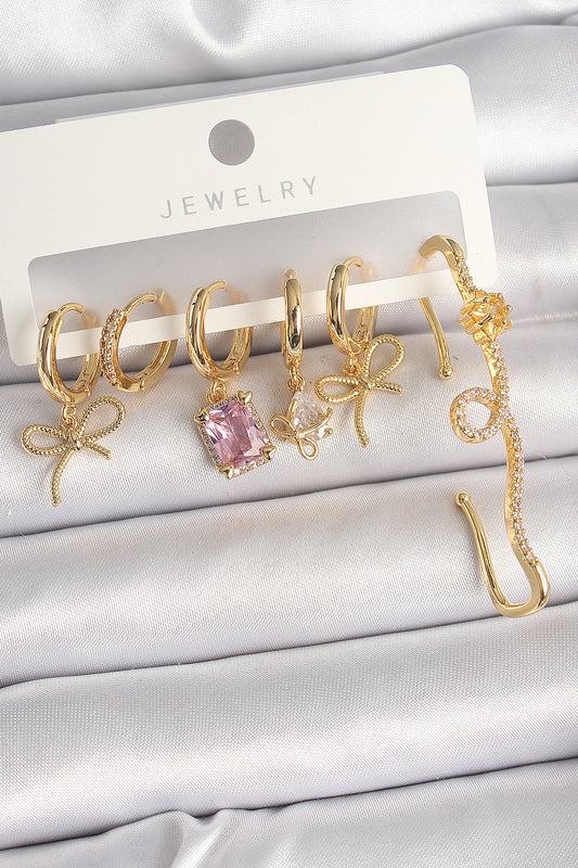 Pirinç Gold Renk Sallantı Kurdele Model Pembe Kare Zirkon Taşlı Kadın Küpe Seti