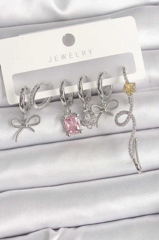 Pirinç Gümüş Renk Sallantı Kurdele Kuyruklu Yıldız Figür Pembe Kare Zirkon Taş Detay Kadın Küpe Seti