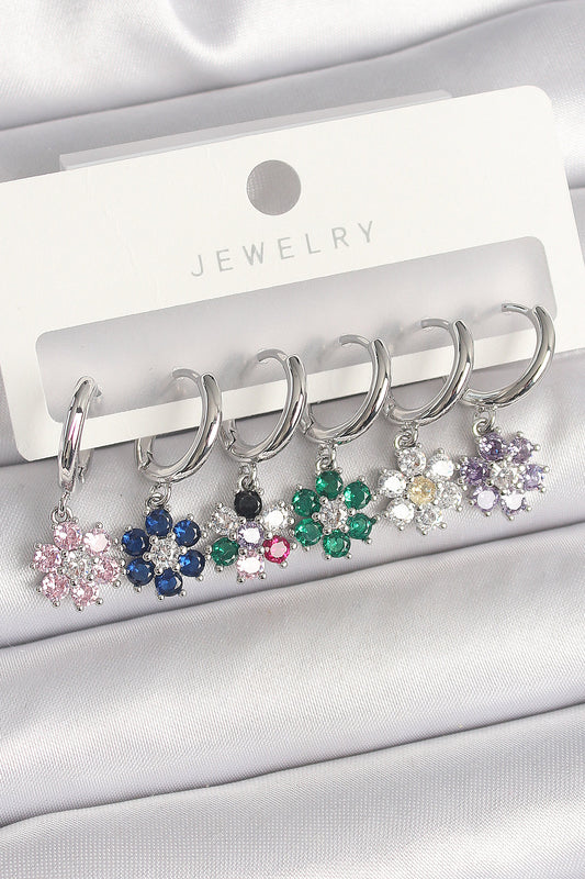 Pirinç Gümüş Renk Sallantı Renkli Zirkon Taşlı Çiçek Model Kadın Küpe Seti
