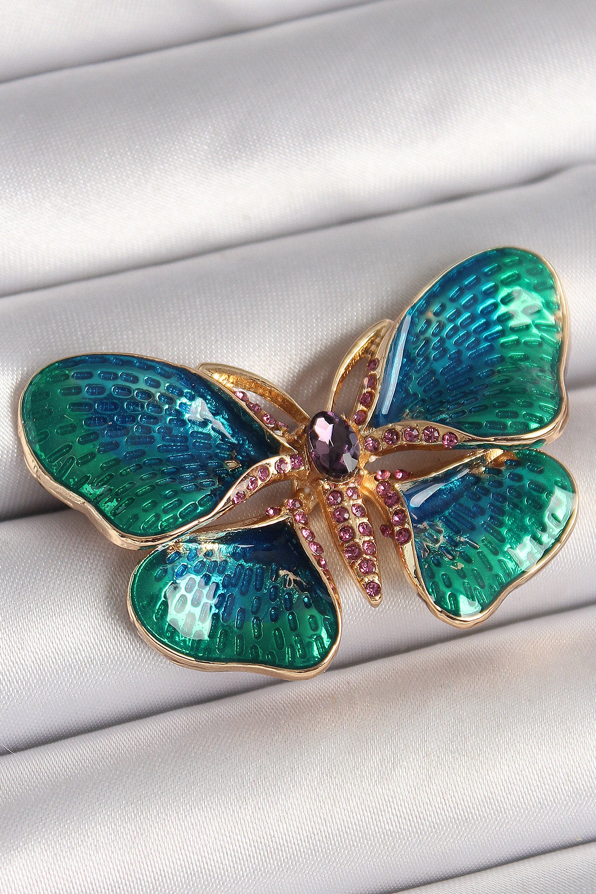 Brass Gold Color Turquoise Model Zircon Stone Detailed Butterfly Model Women's Brooch