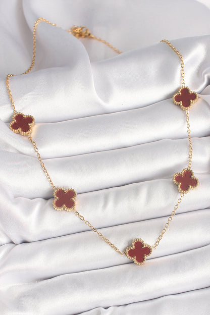 316L Çelik Gold Renk Zincir Bordo Yonca Model Kadın Kolye