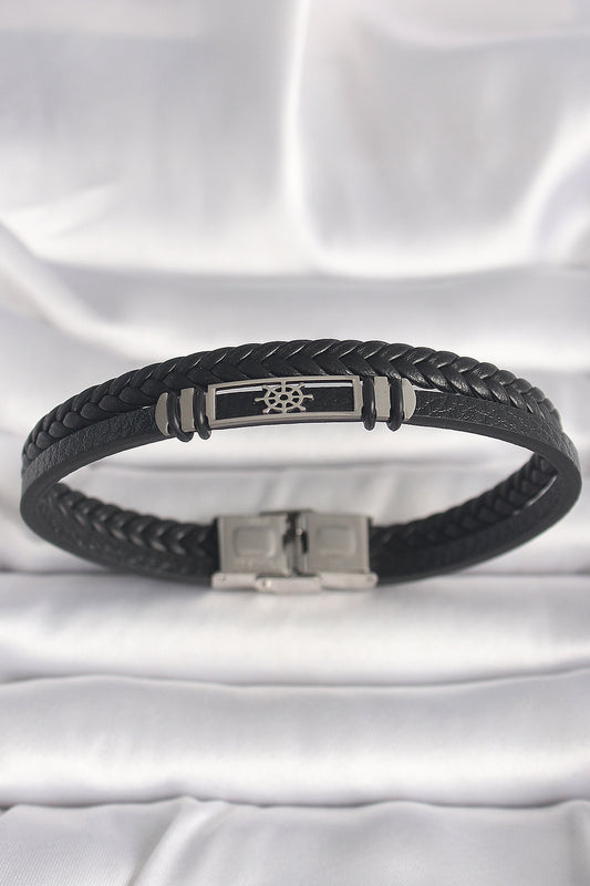 316L Çelik Gümüş Renk Gemi Dümeni Figür Siyah Burgu Deri Kordon Model Erkek Bileklik