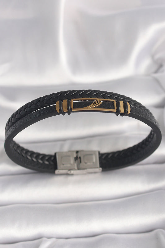 316L Çelik Gold Renk Kanat Aksesuarlı Siyah Burgu Model Deri Kordon Erkek Bileklik