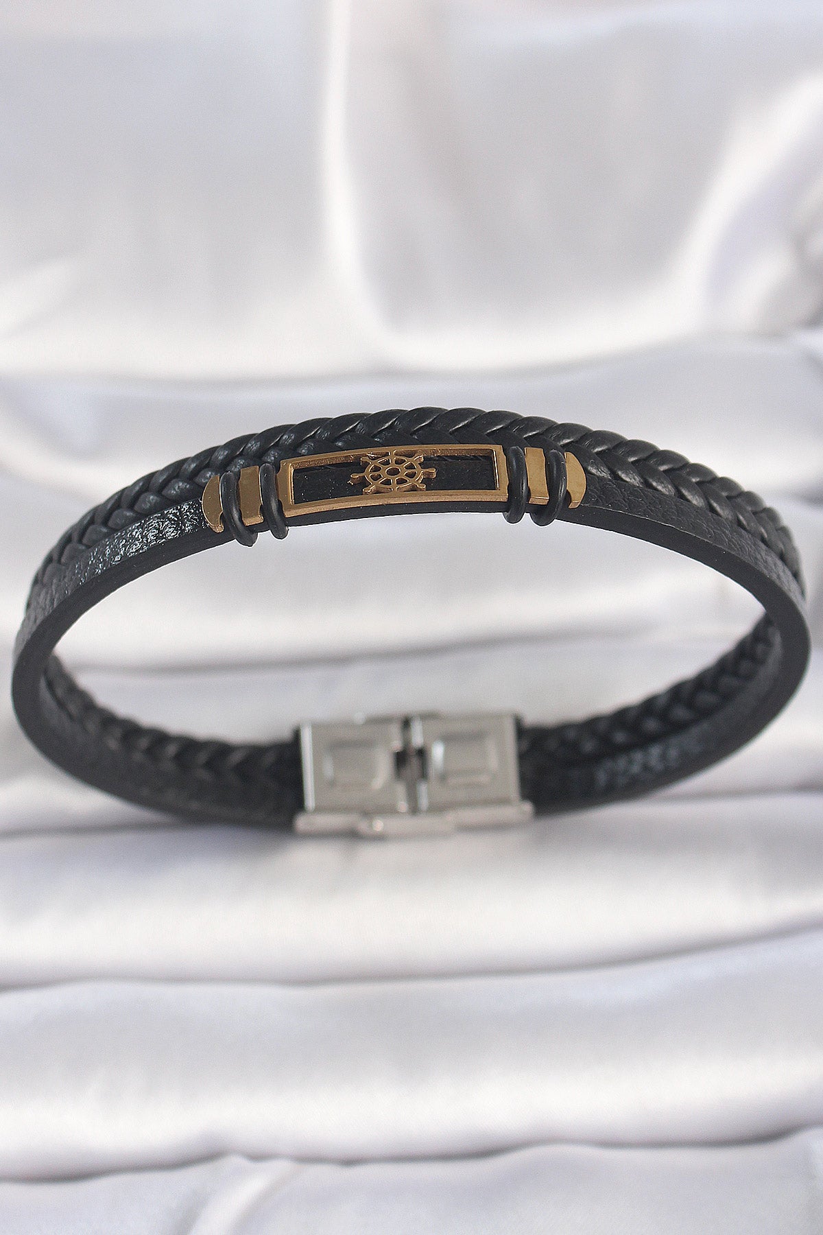 316L Çelik Gold Renk Gemi Dümeni Aksesuarlı Çift Sıra Burgu Desenli Deri Kordon Erkek Bileklik