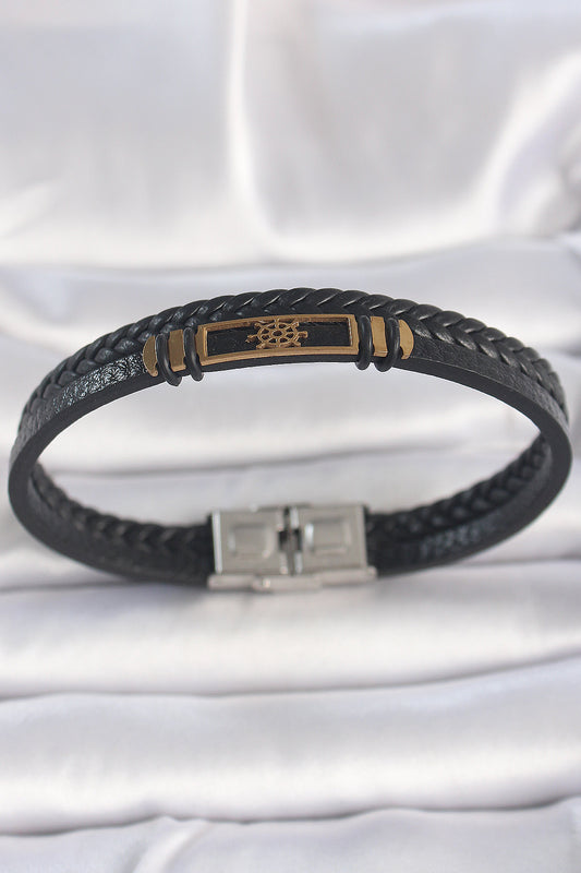 316L Çelik Gold Renk Gemi Dümeni Aksesuarlı Çift Sıra Burgu Desenli Deri Kordon Erkek Bileklik