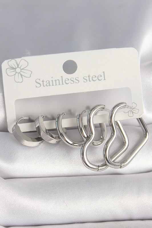 316L Çelik Gümüş Renk Halka Kalp Model Kadın Küpe Seti