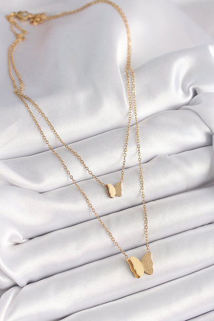 316L Steel Gold Color 2-Piece Glittery Butterfly Model Women's Necklace