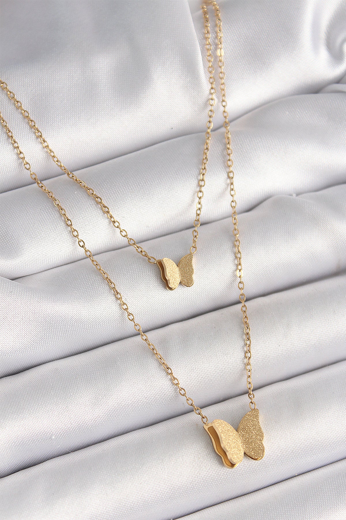 316L Steel Gold Color 2-Piece Glittery Butterfly Model Women's Necklace