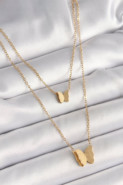 316L Steel Gold Color 2-Piece Glittery Butterfly Model Women's Necklace