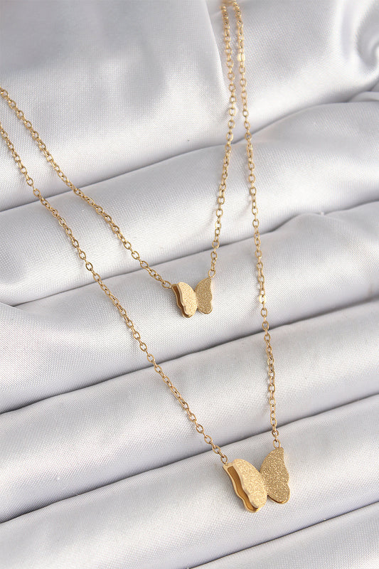 316L Çelik Gold Renk 2'Li Simli Kelebek Model Kadın Kolye