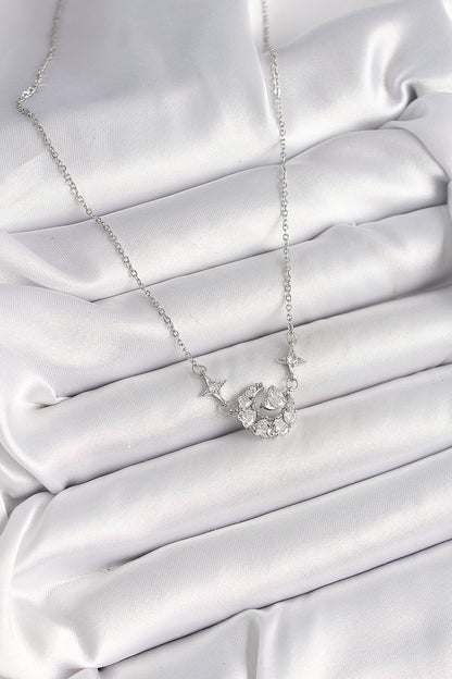 316L Çelik Gümüş Renk Zirkon Taşlı Hilal Kalp Model Kadın Kolye