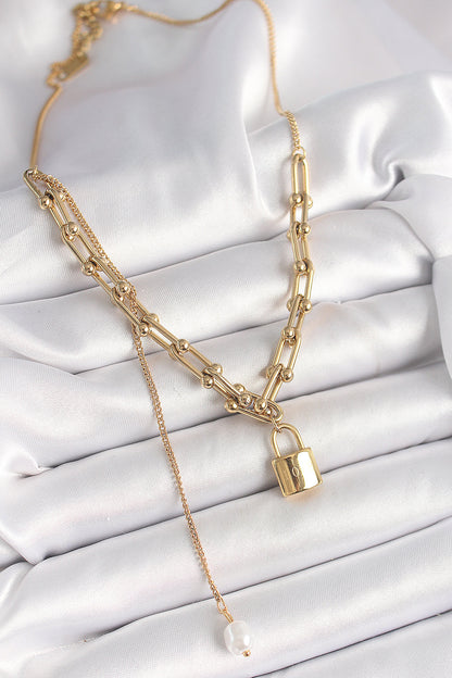 316L Çelik Gold Renk Tifany Zincir Model Kilit Figür Sallantı İnci Detay Kadın Kolye
