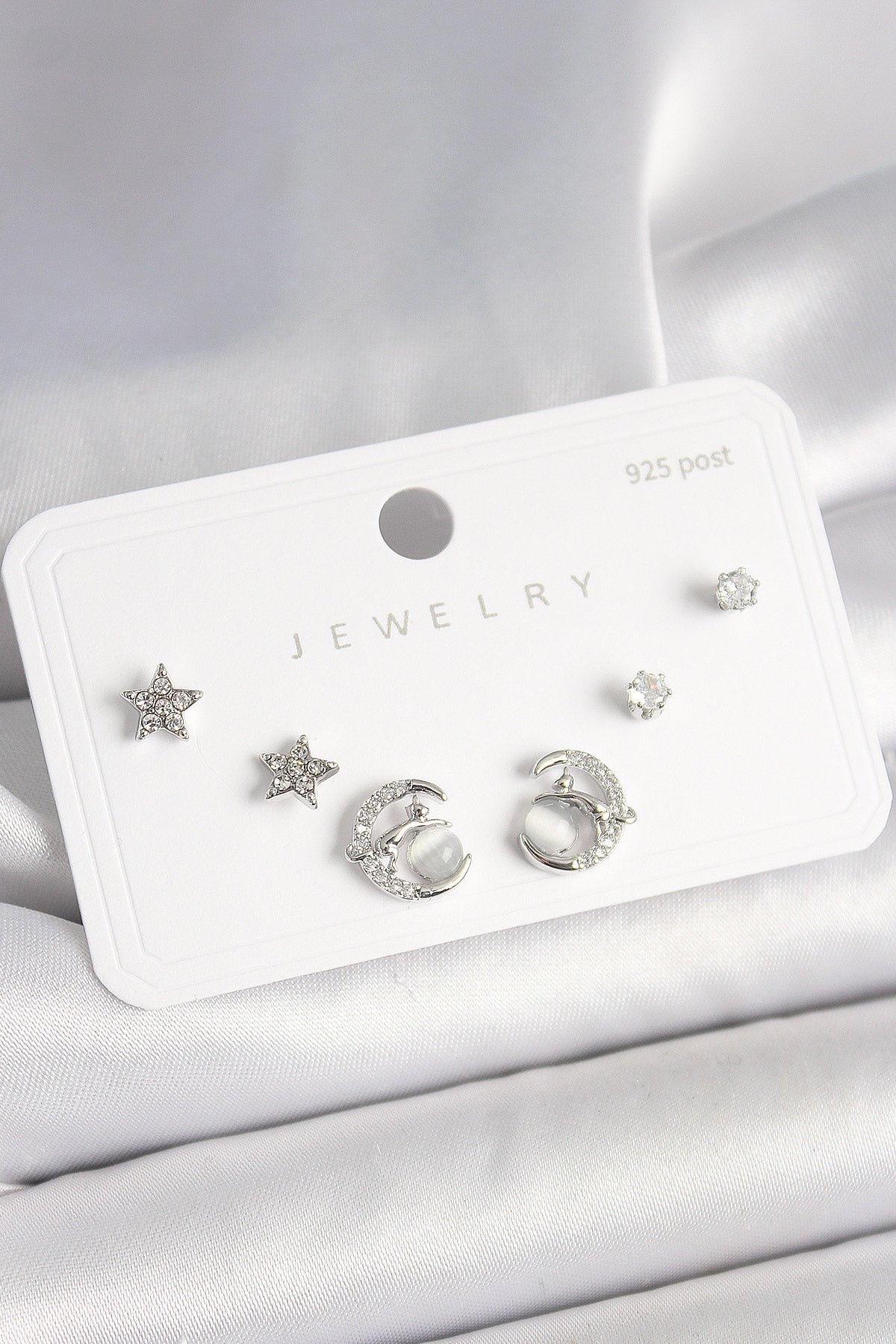 925 Ayar Gümüş Çivi Zirkon Taşlı Hilal Yıldız Model Kadın Küpe Seti