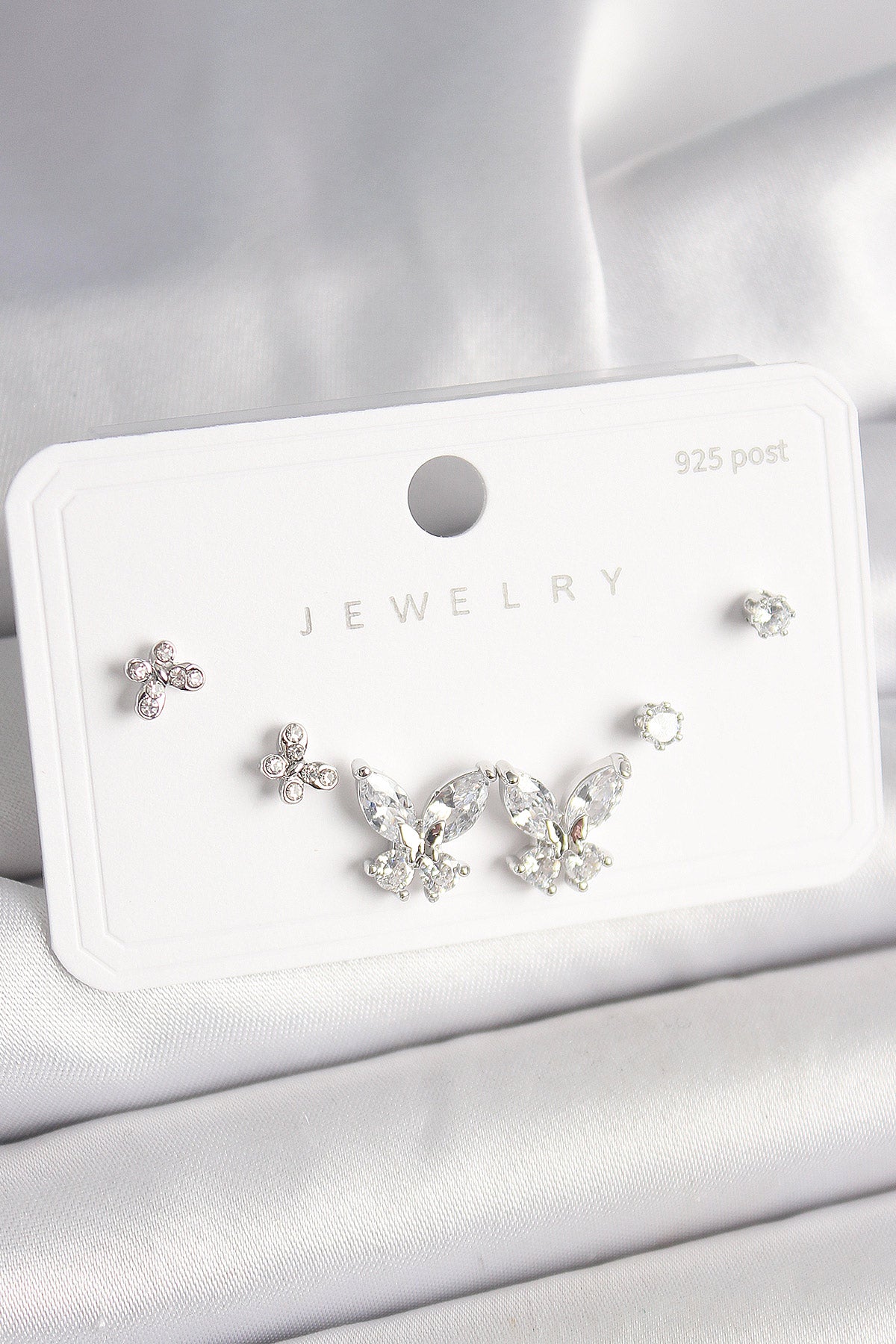 925 Ayar Gümüş Çivi Pirinç Zirkon Taşlı Kelebek Model Kadın Küpe Seti