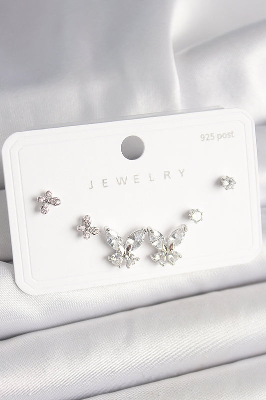 925 Ayar Gümüş Çivi Pirinç Zirkon Taşlı Kelebek Model Kadın Küpe Seti