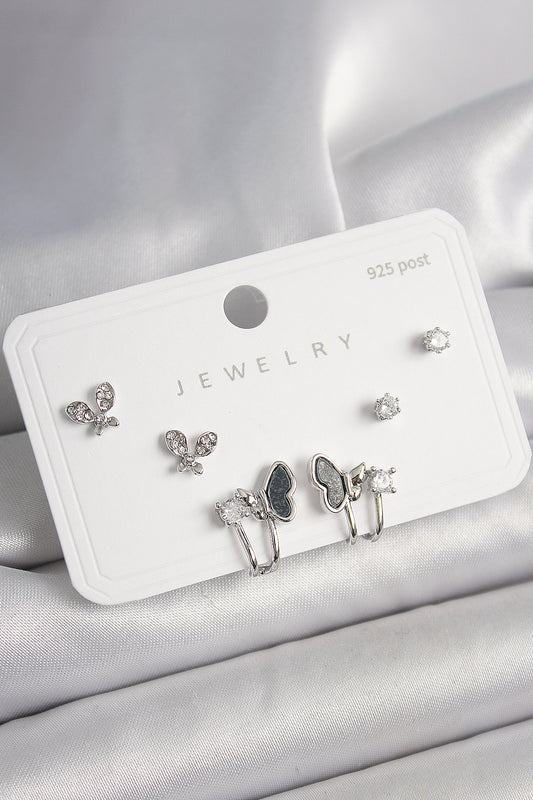 925 Ayar Gümüş Çivi Pirinç Gümüş Renk Zirkon Taşlı Kelebek Model Kadın Küpe Seti