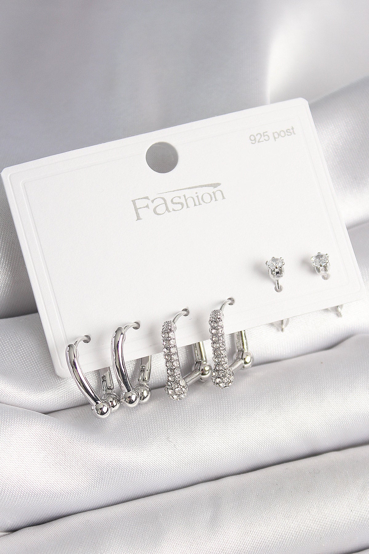 925 Ayar Gümüş Çivi Pirinç Gümüş Renk Zirkon Taşlı Tiffany Halka Model Kadın Küpe Seti