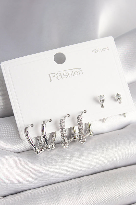 925 Ayar Gümüş Çivi Pirinç Gümüş Renk Zirkon Taşlı Tiffany Halka Model Kadın Küpe Seti