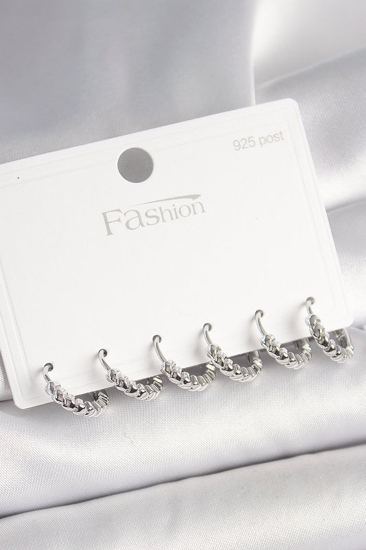 925 Ayar Gümüş Çivi Pirinç Gümüş Renk Kalp İşlemeli Halka Model Kadın Küpe Seti