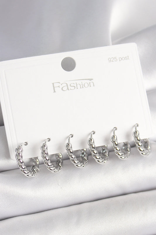 925 Ayar Gümüş Çivi Pirinç Gümüş Renk Sarmal Halka Model Kadın Küpe Seti