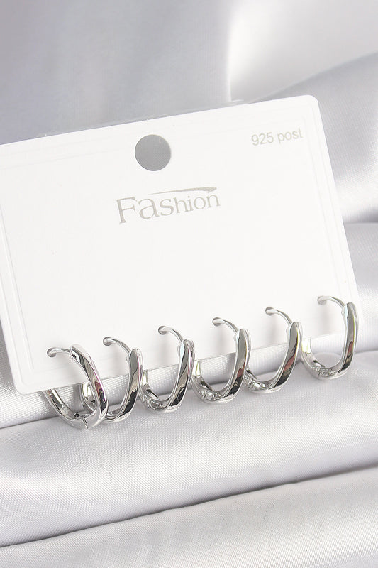 925 Ayar Gümüş Çivi Pirinç Oval Halka Model Kadın Küpe Seti