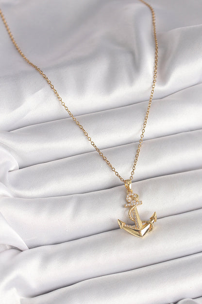 316L Çelik Gold Renk Zincir Zirkon Taş Detaylı Çapa Model Kadın Kolye