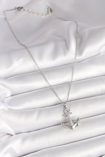 316L Çelik Gümüş Renk Zincir Zirkon Taş Detaylı Çapa Model Kadın Kolye