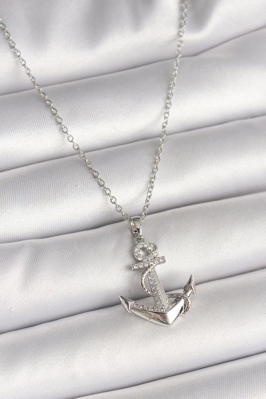 316L Çelik Gümüş Renk Zincir Zirkon Taş Detaylı Çapa Model Kadın Kolye