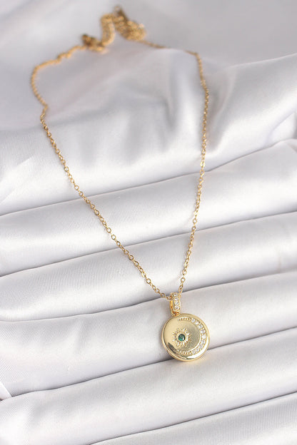 316L Çelik Gold Renk Zincir Zirkon Taş İşlemeli Hilal Yıldız İşlemeli Madalyon Model Kadın Kolye
